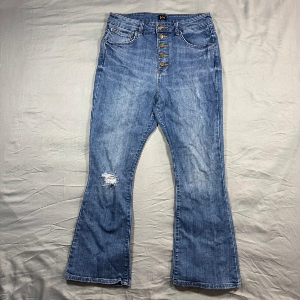 Lee Womens High Rise Flare Jeans Blue Distressed Button Fly Size 29x26